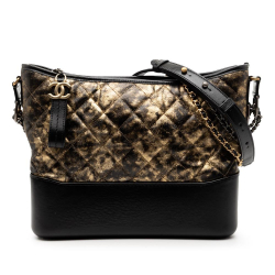 Chanel B Chanel Black with Gold Goatskin Leather Medium Quilted Metallic Crumpled Gabrielle Hobo Italy
