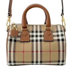 Burberry AB Burberry Brown Light Brown Coated Canvas Fabric Mini House Check Bowling Bag Italy