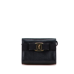 Ferragamo B Ferragamo Black Calf Leather Embossed Lizard Vara Bow Pouch Italy