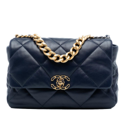 Chanel AB Chanel Blue Navy Lambskin Leather Leather Large Lambskin 19 Flap France