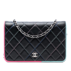Chanel Black CC Quilted Lambskin Multicolor Border Full Flap Wallet on Chain Italy