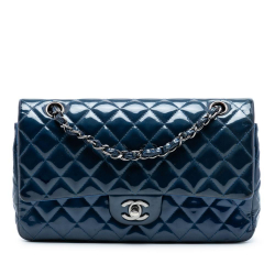 Chanel B Chanel Blue Dark Blue Patent Leather Leather Medium Classic Patent Double Flap France