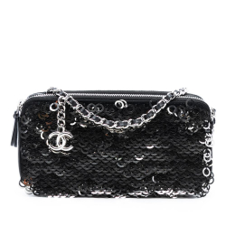 Chanel AB Chanel Black Calf Leather CC skin and Sequin Double Zip Wallet on Chain Italy