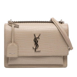 Saint Laurent B Saint Laurent Brown Light Beige Calf Leather Medium Croc Embossed Monogram Sunset Bag Italy