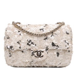 Chanel B Chanel White Ivory Canvas Fabric Mini Rectangular Classic Sequin Single Flap Italy