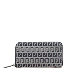 Fendi B Fendi Gray with Blue Navy Canvas Fabric Zucchino Zip Around Long Wallet Italy
