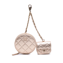 Chanel Gold Metallic Quilted Lambskin Round Clip On Coin Purse Airpods Case Italy