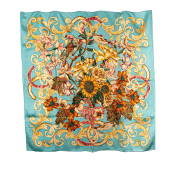 Chanel B Chanel Blue Turquoise Silk Fabric CC Floral Printed Scarf Italy
