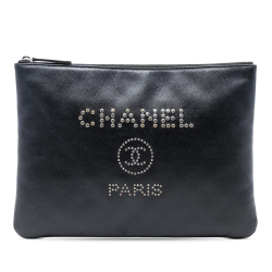 Chanel B Chanel Black Caviar Leather Leather Medium Caviar Deauville Studded O Case Clutch Italy