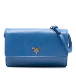 Prada B Prada Blue Saffiano Leather Wallet on Strap Italy
