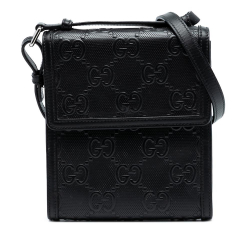 Gucci B Gucci Black Calf Leather GG Embossed Flap Crossbody Italy