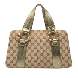 Gucci B Gucci Brown Beige Canvas Fabric GG Metal Bamboo Handbag Italy