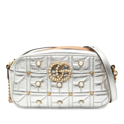 Gucci AB Gucci Silver Calf Leather Small GG Marmont Pearl Studded Matelasse Aria Crossbody Italy