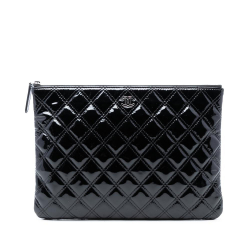Chanel AB Chanel Black Patent Leather Leather Medium Quilted Patent Double Stitch O Case Clutch Italy