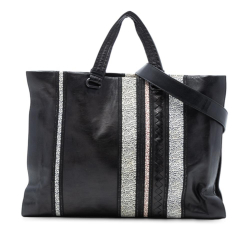 Bottega Veneta B Bottega Veneta Black Nappa Leather Leather Intrecciato Trimmed Nappa Vertical Stripe Tote Italy