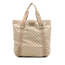Gucci B Gucci Brown Beige Canvas Fabric GG Web Tote Italy