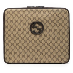 Gucci AB Gucci Brown Beige Coated Canvas Fabric GG Supreme Laptop Case Italy
