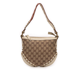 Gucci B Gucci Brown Beige with White Canvas Fabric GG Web Pelham Studded Hobo Italy