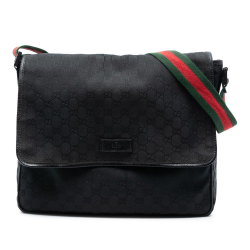 Gucci B Gucci Black Canvas Fabric GG Web Flap Messenger Bag Italy