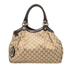 Gucci B Gucci Brown Beige Canvas Fabric Medium GG Sukey Tote Italy