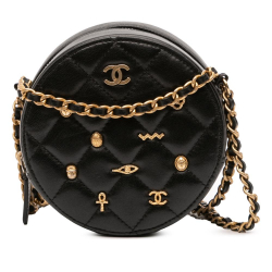 Chanel Black Quilted Lambskin Egyptian Amulet Charms Round Clutch with Chain Italy