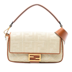 Fendi AB Fendi Brown Beige Raffia Natural Material Zucca Embroidered Baguette Satchel Italy