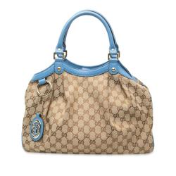 Gucci B Gucci Brown Beige with Blue Light Blue Canvas Fabric Medium GG Sukey Tote Italy