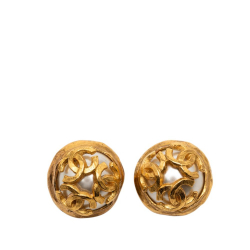 Chanel B Chanel Gold with White Pearl Gold Plated Metal Triple CC Faux Pearl Clip on Earrings France