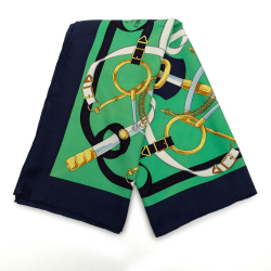 Hermès AB Hermès Green with Blue Navy Silk Fabric Eperon D Or Scarf 90 France