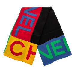 Chanel AB Chanel Black with Multi Silk Fabric Logo Printed Scarf Italy