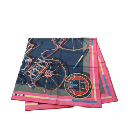 Hermès A Hermès Blue Navy with Multi Wool Fabric Voitures En Equilibre Cashmere Silk Shawl 140 France