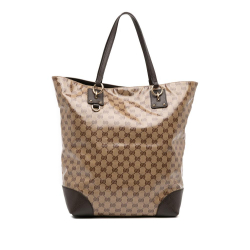 Gucci B Gucci Brown Beige Coated Canvas Fabric GG Charm GG Crystal Tote Italy