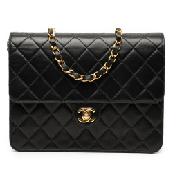 Chanel B Chanel Black Lambskin Leather Leather Small CC Quilted Lambskin Single Flap France