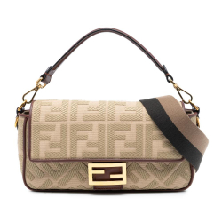 Fendi B Fendi Brown Beige Canvas Fabric Zucca Embroidered Baguette Satchel Italy