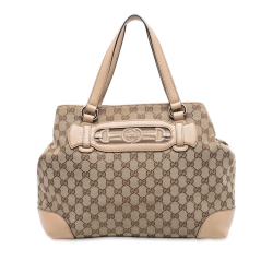 Gucci B Gucci Brown Beige Canvas Fabric Medium GG Web Dressage Tote Italy