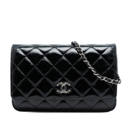 Chanel B Chanel Black Patent Leather Leather CC Quilted Patent Wallet On Chain Italy
