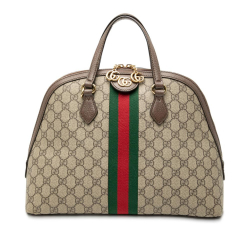 Gucci B Gucci Brown Beige Coated Canvas Fabric Medium GG Supreme Ophidia Web Satchel Italy