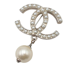 Chanel B Chanel Gold with White Pearl Gold Plated Metal CC Faux Pearl Brooch France