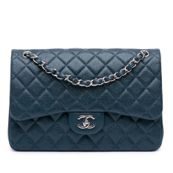 Chanel AB Chanel Blue Peacock Caviar Leather Leather Jumbo Classic Iridescent Caviar Double Flap Italy