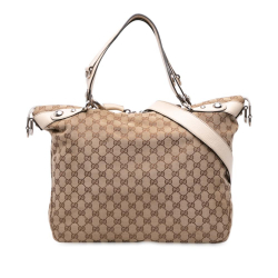 Gucci B Gucci Brown Beige with White Canvas Fabric Large GG Icon Bit Satchel Italy