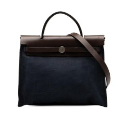 Hermès B Hermès Blue Navy with Brown Dark Brown Canvas Fabric Toile and Vache Hunter Herbag Zip 31 France