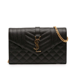 Saint Laurent A Saint Laurent Black Calf Leather Grain De Poudre Triquilt Monogram Envelope Wallet on Chain Italy