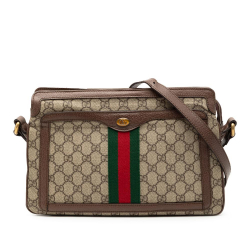 Gucci B Gucci Brown Beige Coated Canvas Fabric Medium GG Supreme Ophidia Crossbody Italy