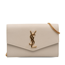 Saint Laurent AB Saint Laurent White Ivory Calf Leather Grain De Poudre Uptown Chain Wallet Italy