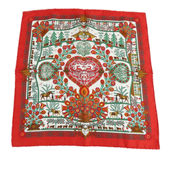 Hermès AB Hermès Red with White Silk Fabric Decoupages Scarf France