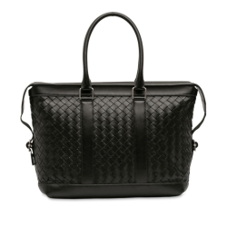 Bottega Veneta AB Bottega Veneta Black Calf Leather Intrecciato Zip Tote Italy