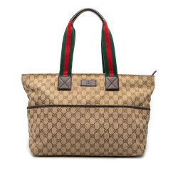 Gucci B Gucci Brown Beige Canvas Fabric GG Web Tote Italy