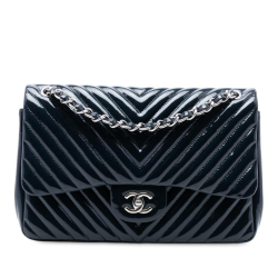 Chanel AB Chanel Blue Navy Patent Leather Leather Jumbo Classic Chevron Patent Double Flap Italy