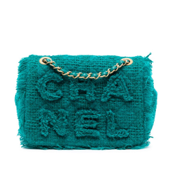 Chanel AB Chanel Blue Peacock with Green Tweed Fabric Small Wool Giant Logo Flap Italy