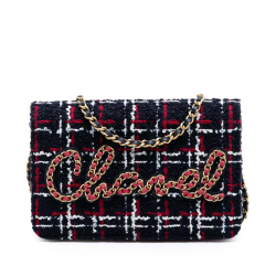 Chanel AB Chanel Blue Navy Tweed Fabric Written in Chain Logo Wallet on Chain Italy